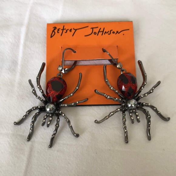 Betsey Johnson Hematite Tone Glampire Spider Drop Earrings Crystal Accents NWT - Picture 8 of 14